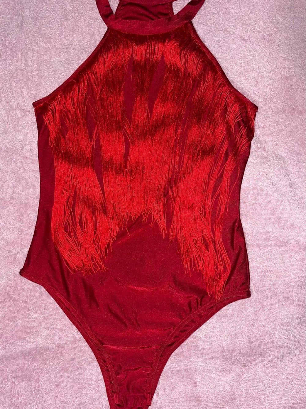 SHEIN Red Fringe Halter One-Piece Bodysuit